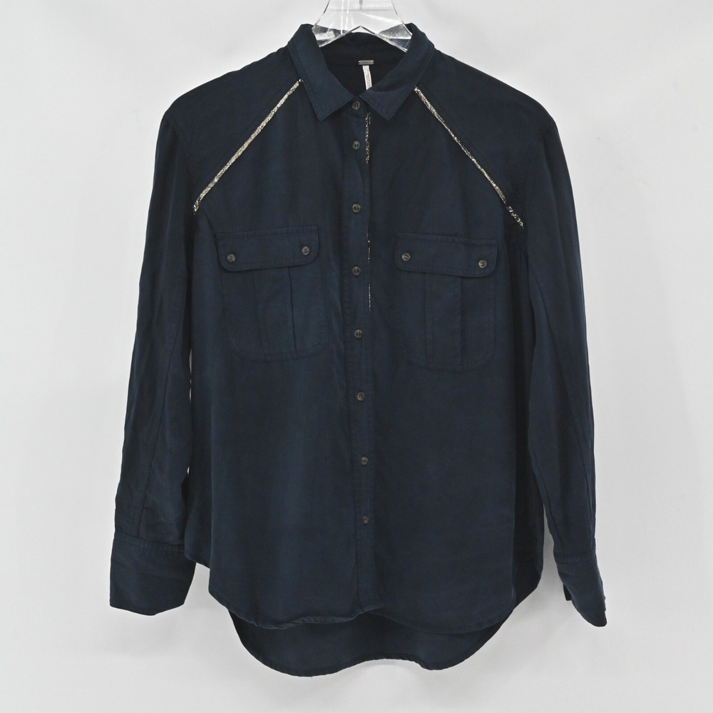 Free People‎ Off Campu Shirt Womens Size S Navys Western Chain Trim Utility Boho